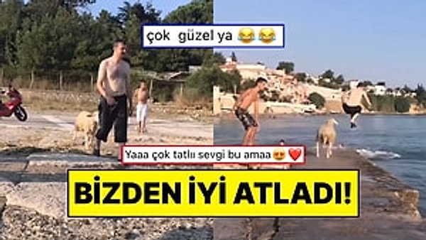 Bir vatandaş koyunuyla birlikte denizin tadını çıkardığı anları paylaşmasıyla sosyal medyada viral oldu.